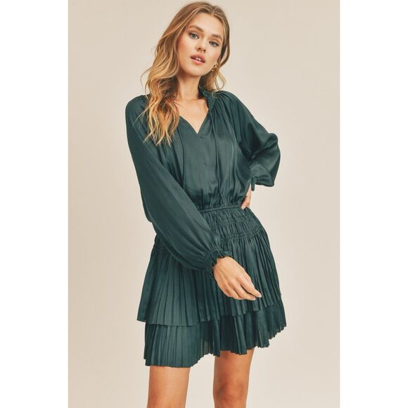 Reset Dresses & Skirts - Reset By Jane Women Lana Dress in Teal Blue Size S Long Sleeves Pleated Feminine
